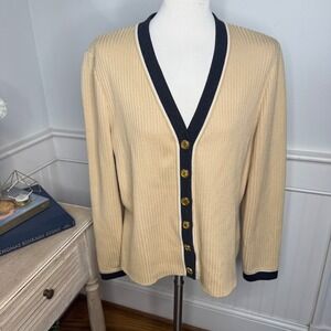 St John Collection Marie Gray Ribbed Knit Cardigan Beige Gold Crest Buttons L